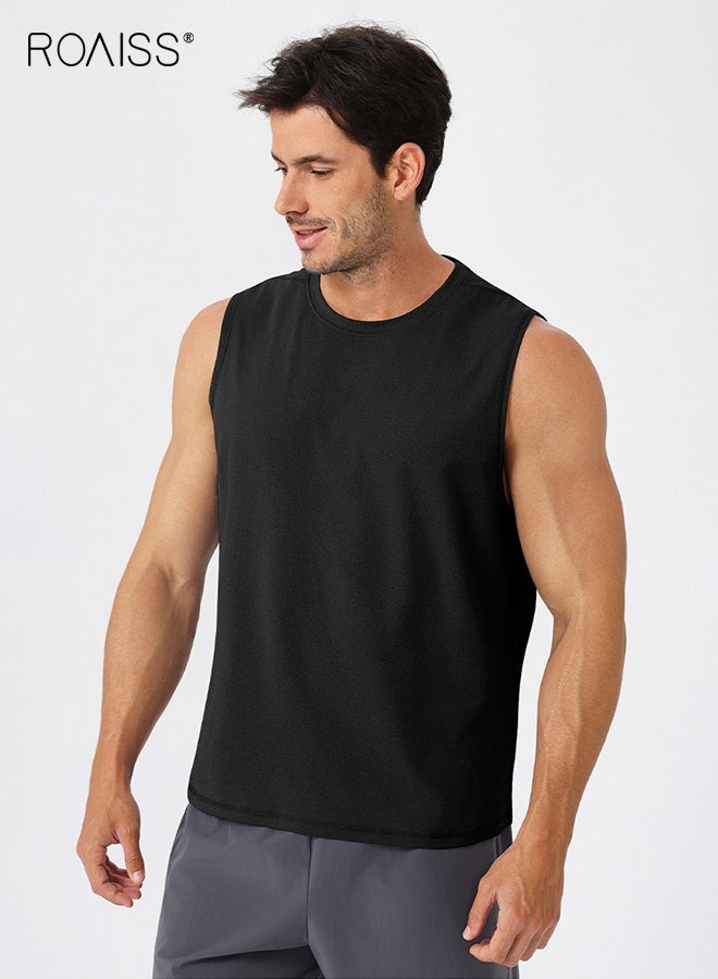 رويس تيشيرت رياضي رجالي بدون أكمام، فضفاض وسريع الجفاف، مصنوع من البوليستر المضاد للبكتيريا والممتص للرطوبة، مع حماية من الشمس بدرجة UPF 50+، ملابس رياضية ناعمة قابلة للتمدد وجيدة التهوية، مناسبة للصالة الرياضية والجري والتدريب والرياضات الصيفية، أسود - Image 1